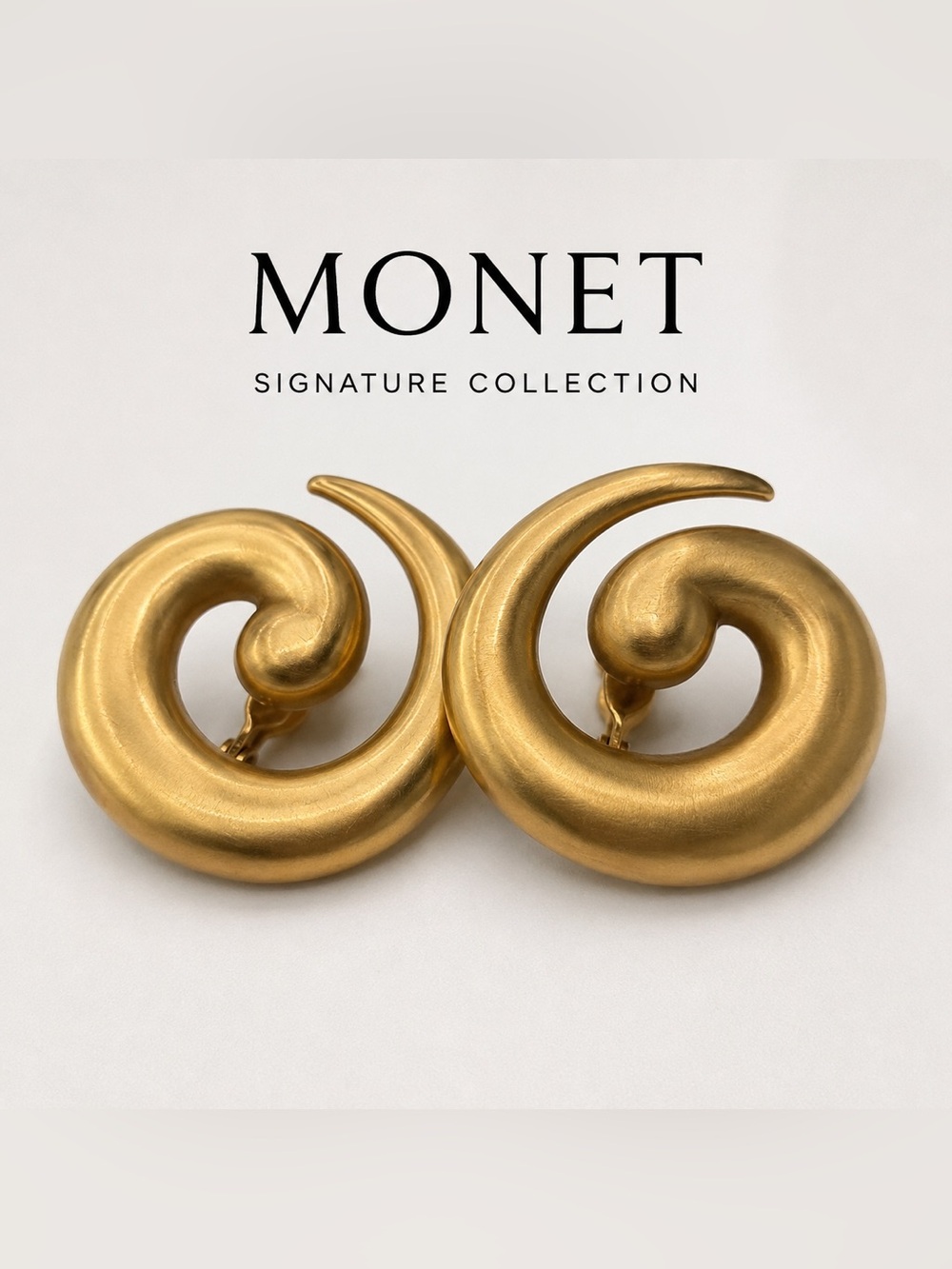 Vintage Monet Gold Tone Spiral Swirl Clip On Earrings Matte Satin Statement